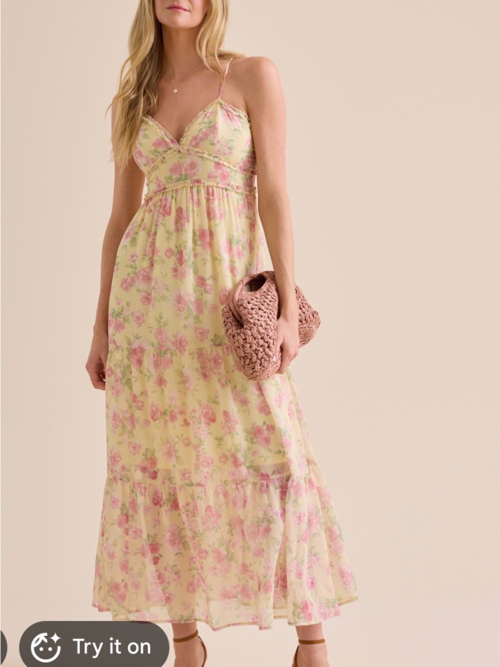 Altar'd State Yellow Maxi Dress with Pink Floral Print